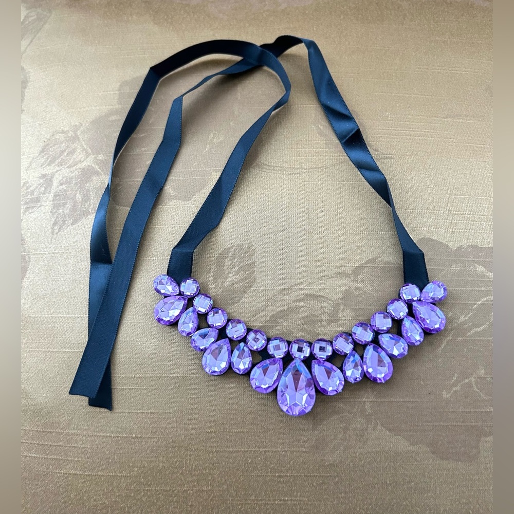 Ribbon Rhinestones and Beaded Necklace in Lavender Purple